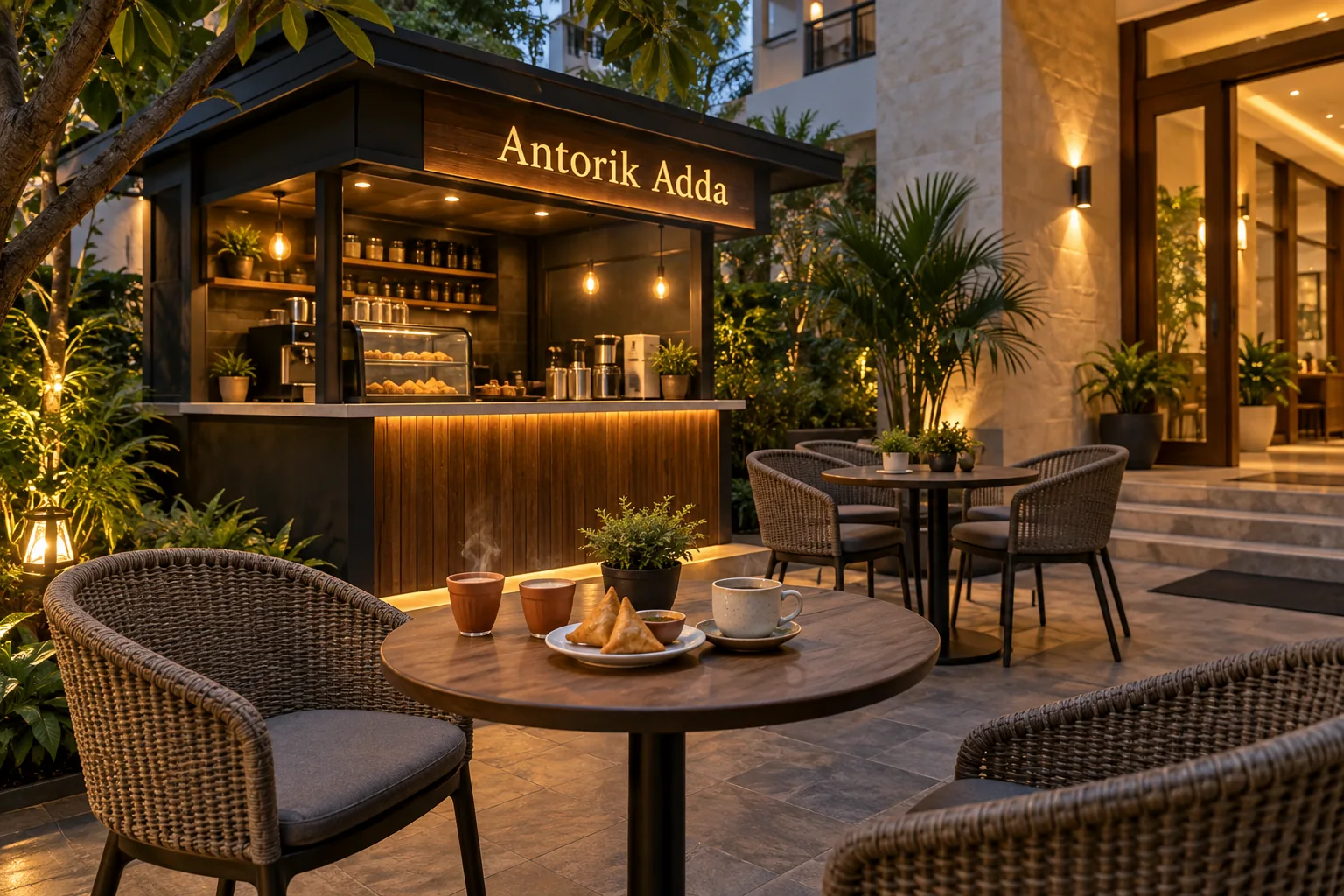 Antorik Adda concept: a warmly lit tea and coffee kiosk with snacks and relaxed outdoor seating