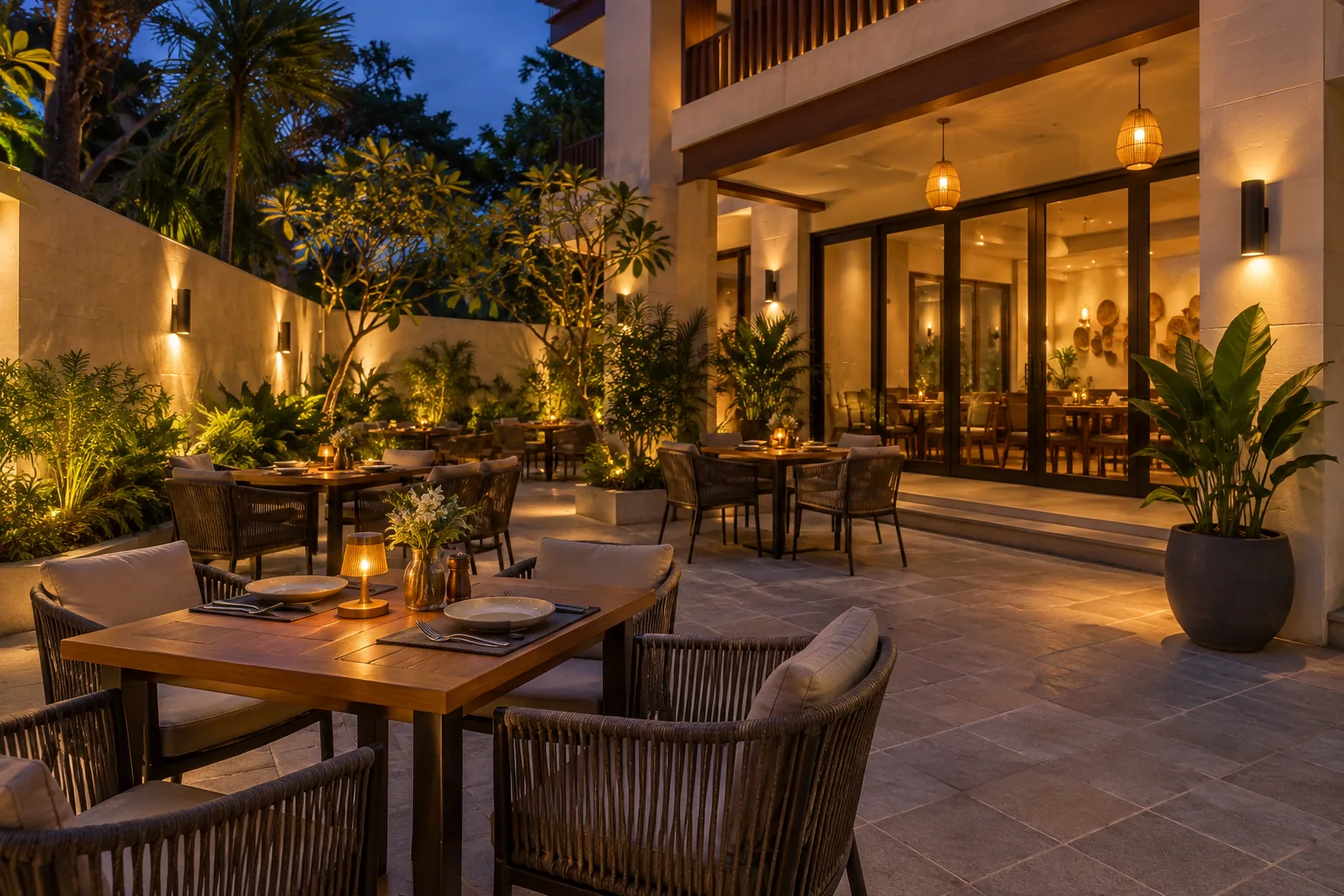 Concept of outdoor dining with garden seating, parasols and warm string lights