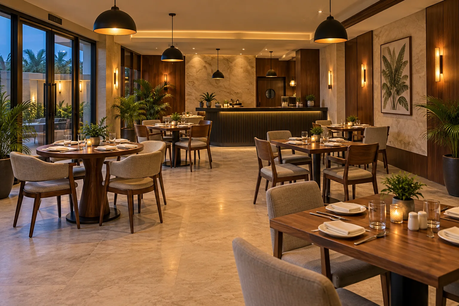 Concept of Antorik's indoor restaurant with walnut tables, soft pendant lighting and greenery