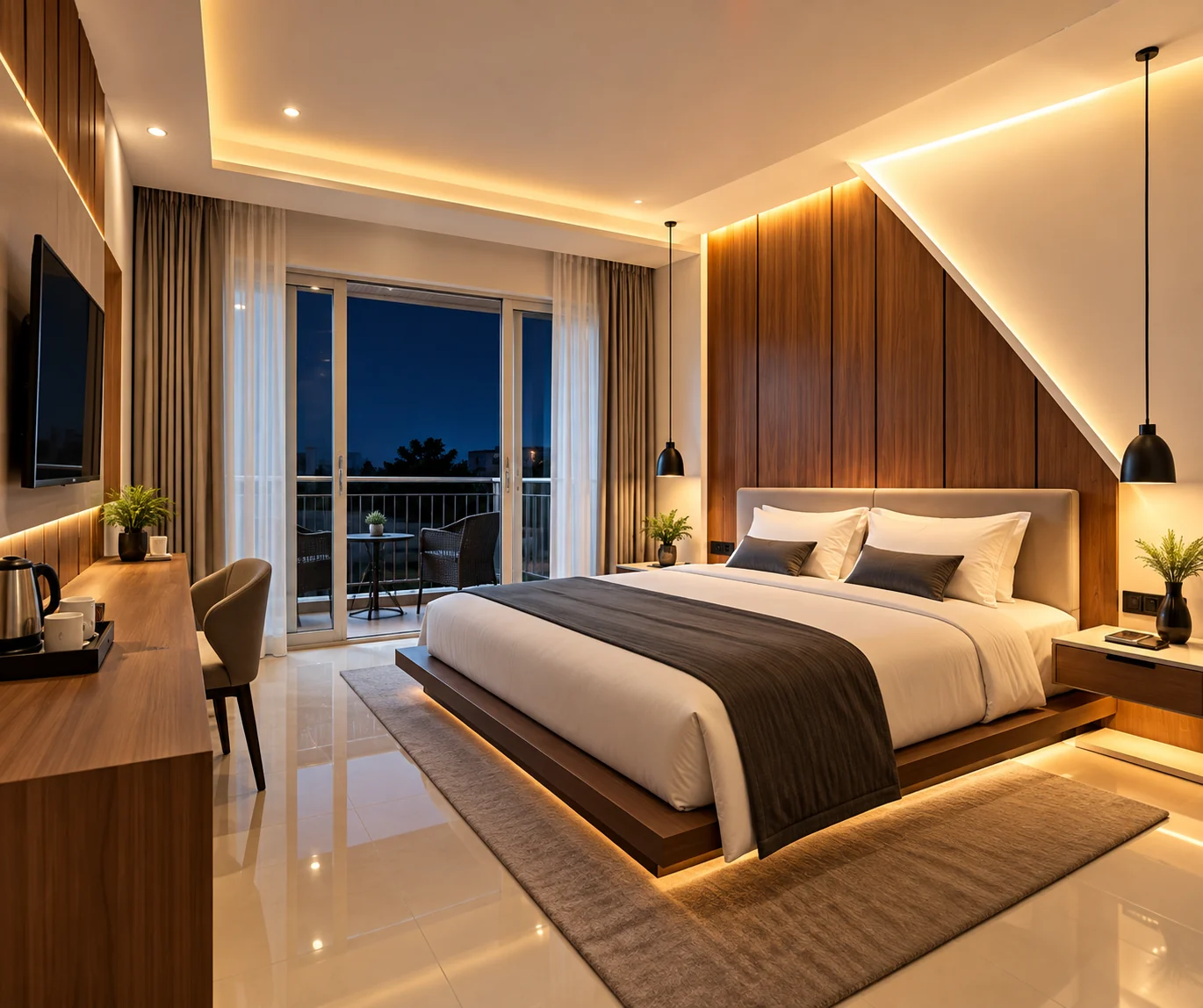 Warm evenings: king bed with walnut feature wall and a softly lit balcony